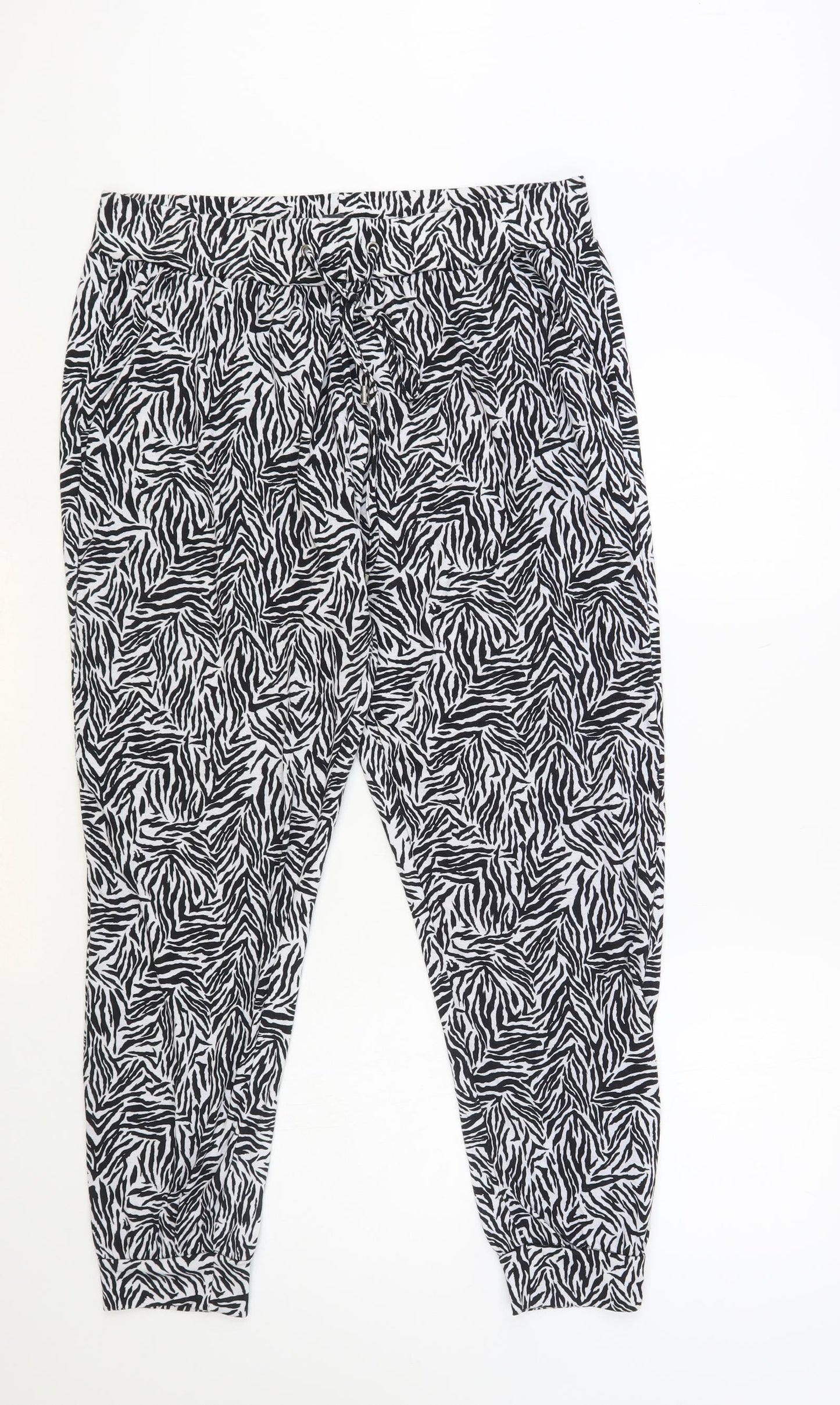 Primark Womens Black Animal Print Polyester Trousers Size 12 L29 in Regular Drawstring - Zebra Print