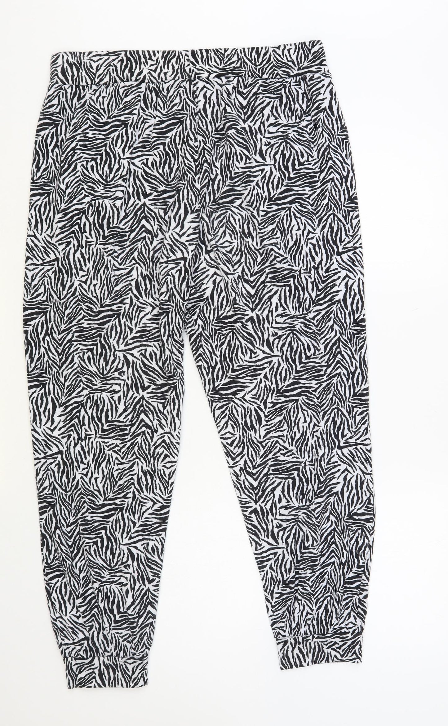 Primark Womens Black Animal Print Polyester Trousers Size 12 L29 in Regular Drawstring - Zebra Print