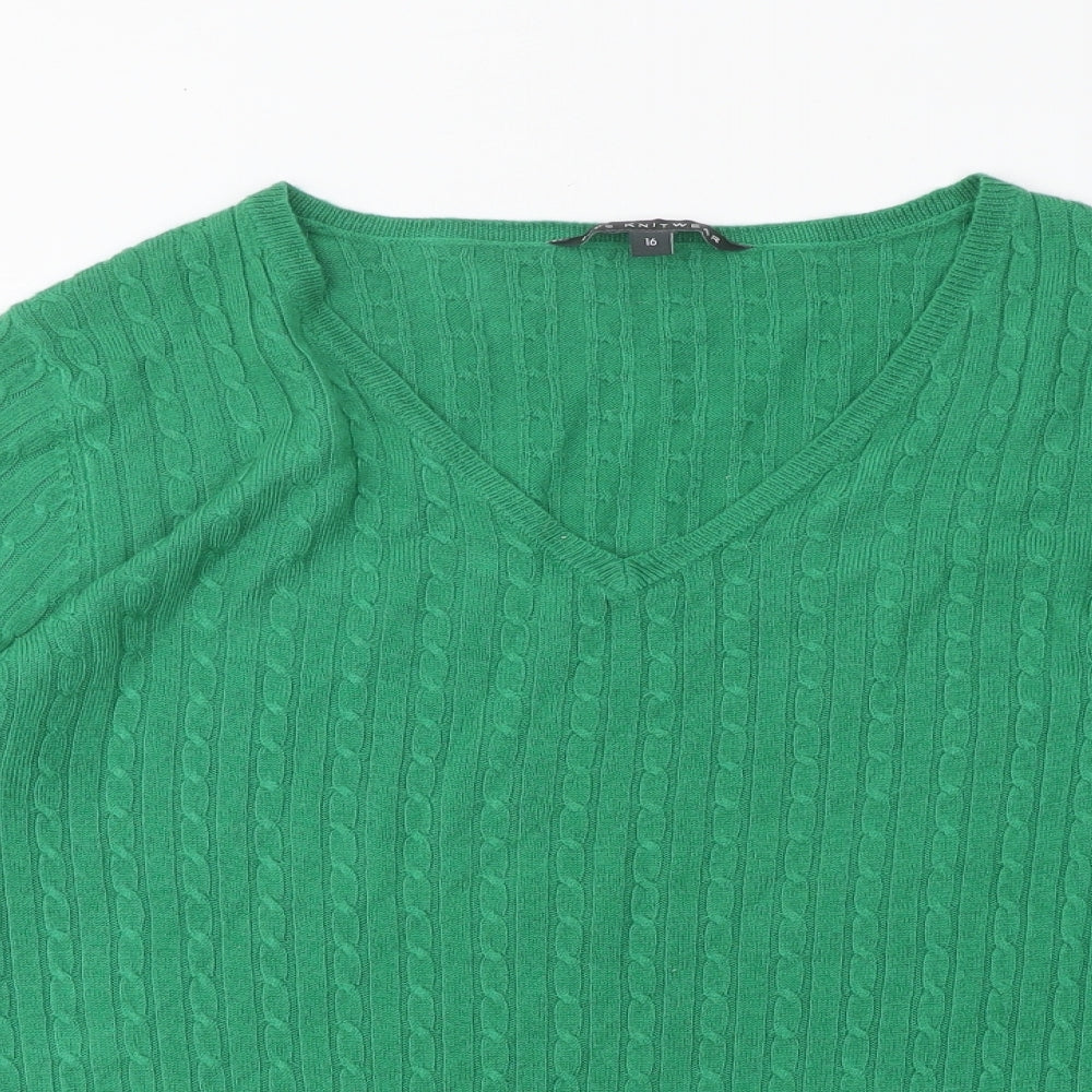 BHS Womens Green V-Neck Geometric Acrylic Pullover Jumper Size 16