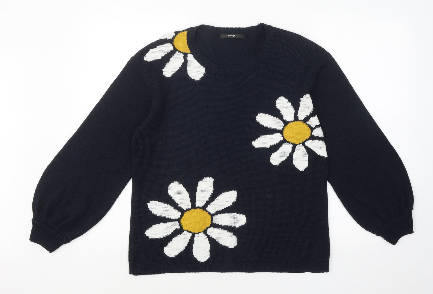 George Womens Blue Round Neck Floral Acrylic Pullover Jumper Size 12 - Daisy