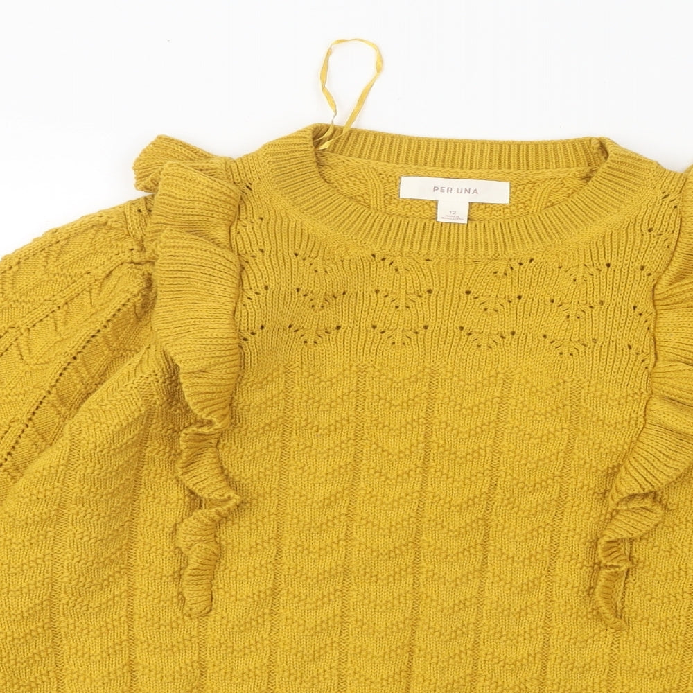 Per Una Womens Yellow Round Neck Geometric Cotton Pullover Jumper Size 12