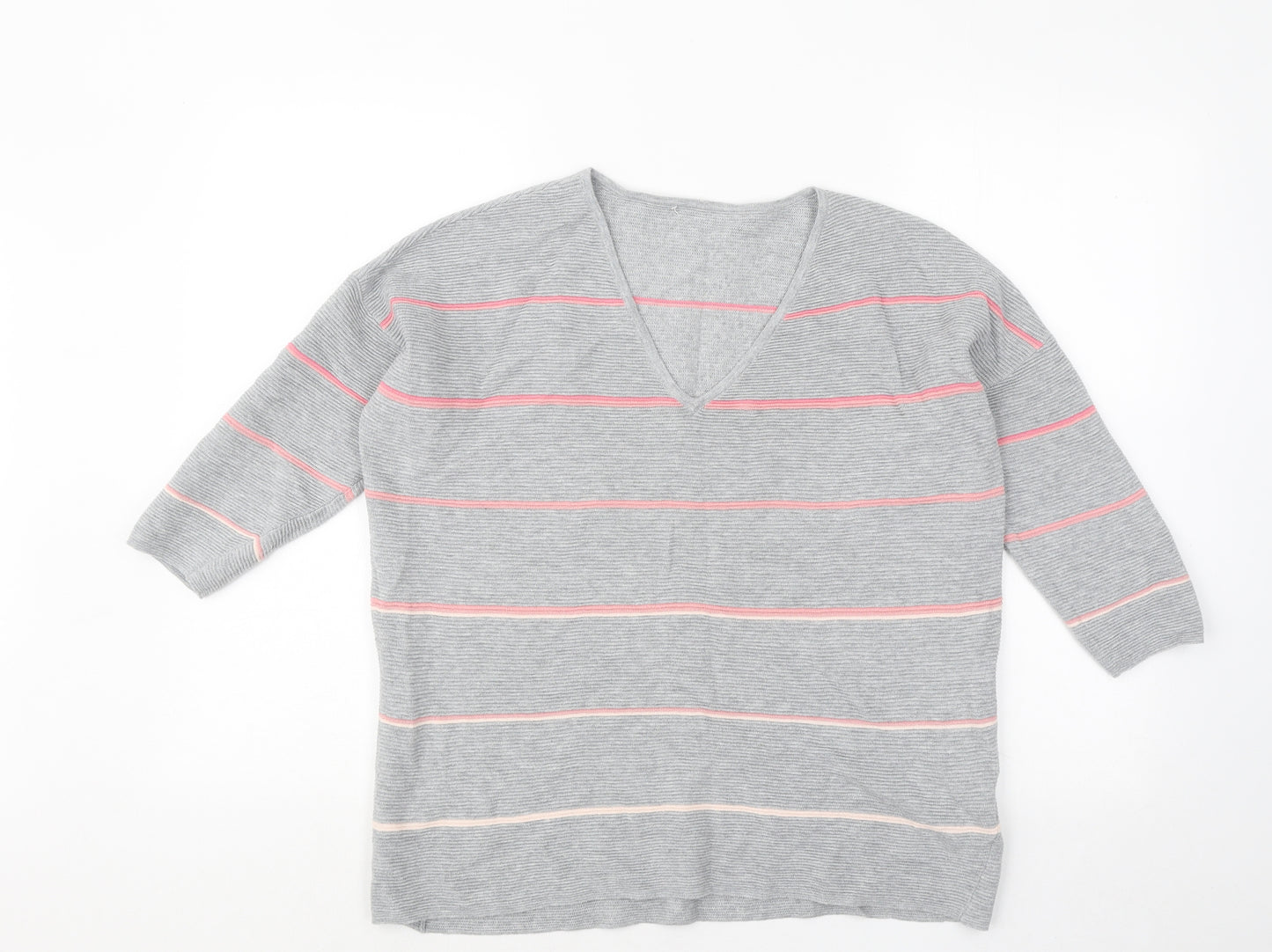Phase Eight Womens Grey V-Neck Striped Cotton Pullover Jumper Size L
