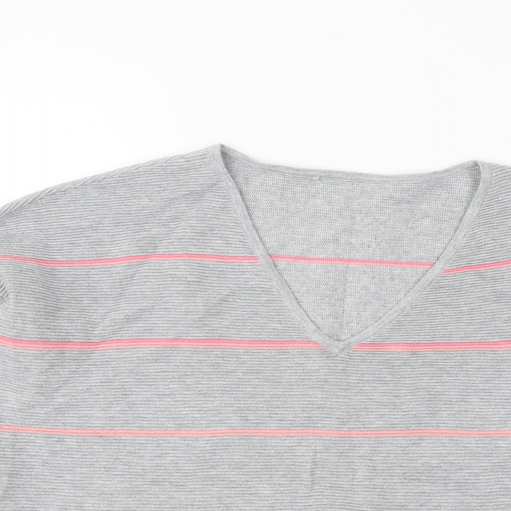 Phase Eight Womens Grey V-Neck Striped Cotton Pullover Jumper Size L