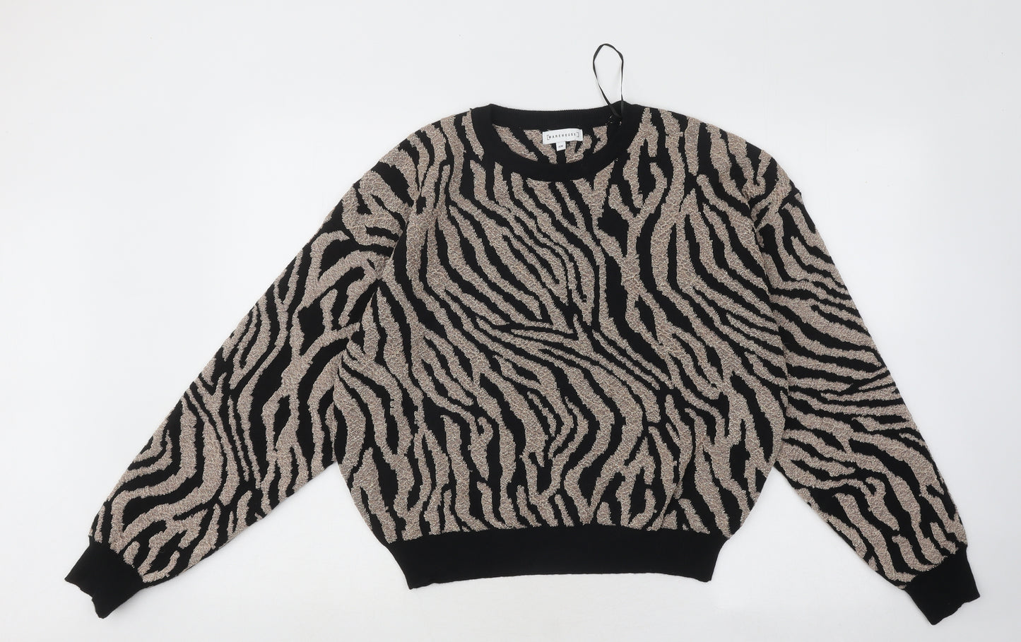 Warehouse Womens Beige Round Neck Animal Print Viscose Pullover Jumper Size M - Zebra Print