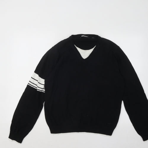 DKNY Womens Black V-Neck Cotton Pullover Jumper Size 2XL