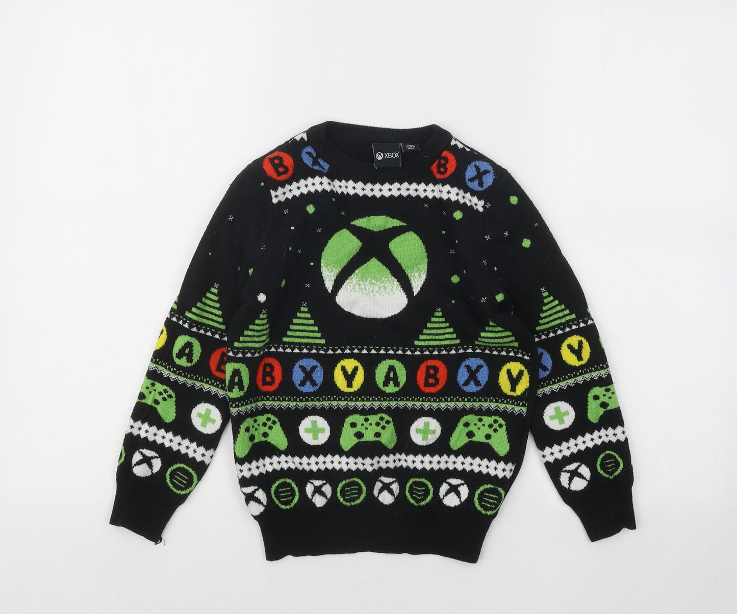 Primark Girls Black Round Neck Geometric Acrylic Pullover Jumper Size 8-9 Years Pullover - XBOX