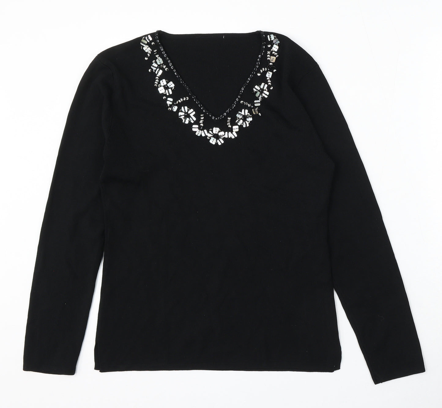 Preworn Womens Black V-Neck Rayon Pullover Jumper Size L