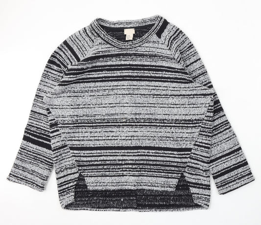 Front view of H&M women’s multicoloured round neck striped polyester jumper, size UK 12