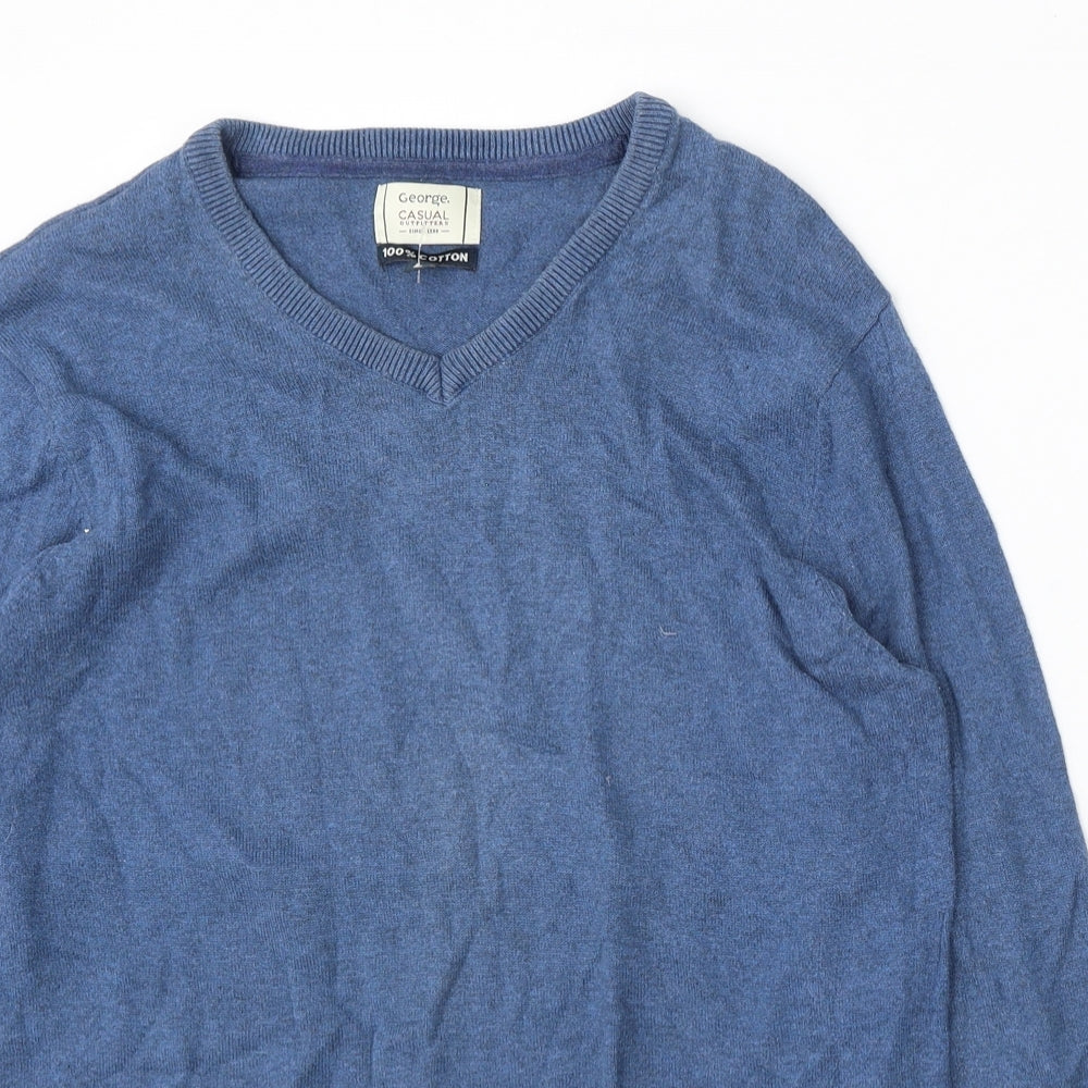 George Womens Blue V-Neck Cotton Pullover Jumper Size L