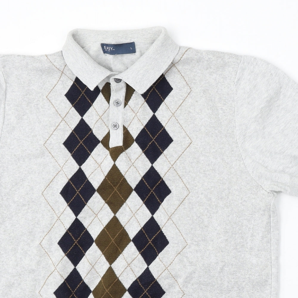 Easy Mens Grey Argyle/Diamond Cotton Polo Size L Collared Button