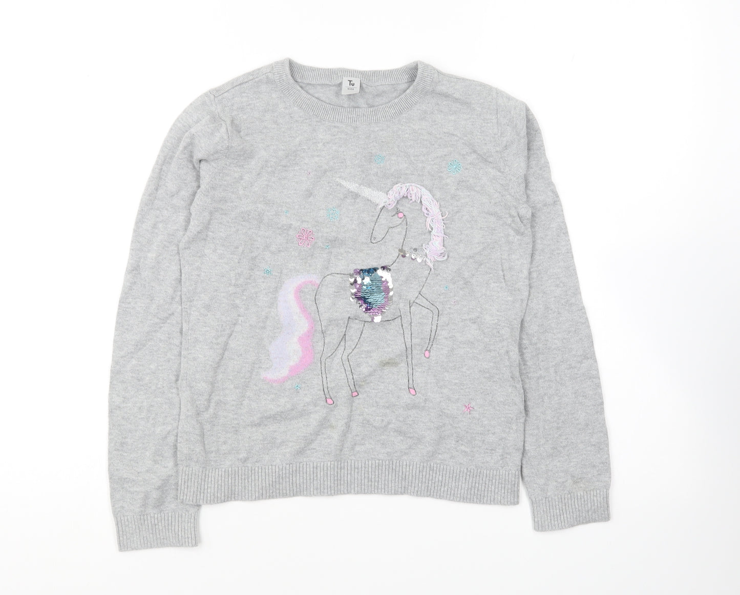 TU Girls Grey Round Neck Cotton Pullover Jumper Size 10 Years Pullover - Unicorn