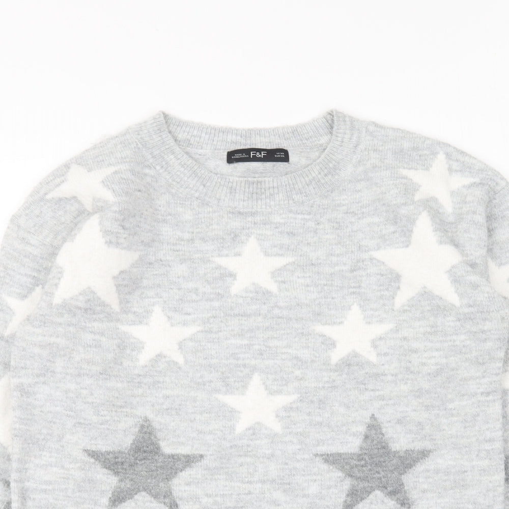 F&F Womens Grey Round Neck Geometric Polyester Pullover Jumper Size XS - Star
