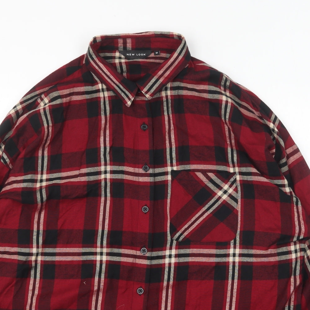 New Look Womens Red Plaid Viscose Basic Button-Up Size 12 Collared