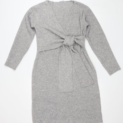 SheIn Womens Grey Acrylic Wrap Dress Size XS V-Neck Tie - Tie