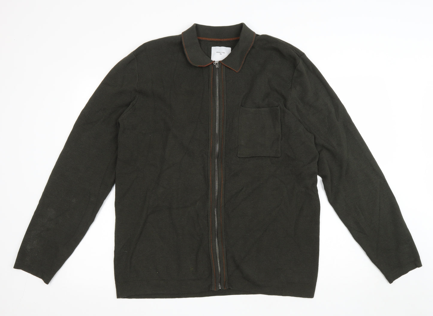 PERCIVAL Mens Green Collared Cotton Full Zip Jumper Size L
