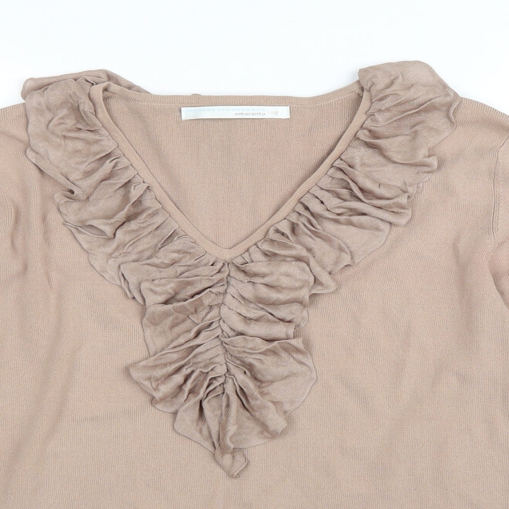 AMARANTO Womens Beige V-Neck Viscose Pullover Jumper Size 18