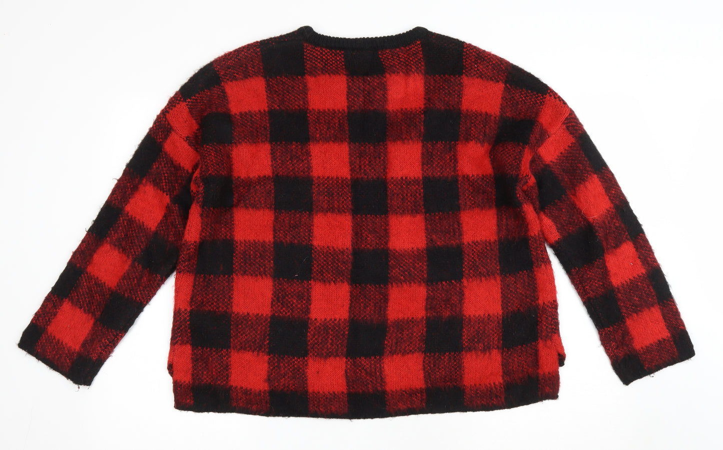 Primark Womens Red Round Neck Plaid Acrylic Pullover Jumper Size M