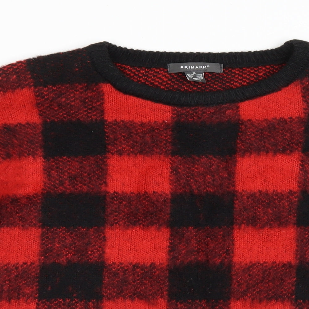 Primark Womens Red Round Neck Plaid Acrylic Pullover Jumper Size M