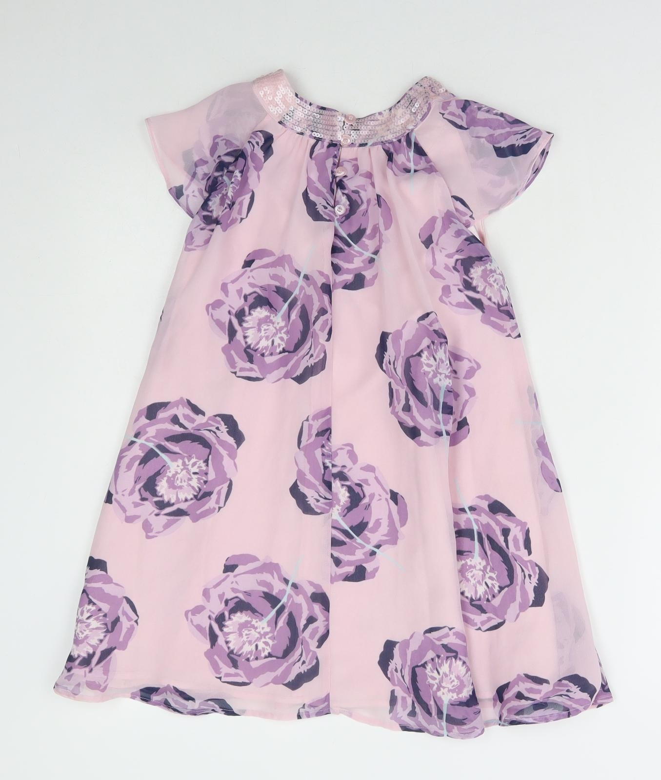 Debenhams Girls Pink Floral Polyester A-Line Size 7 Years Round Neck Button