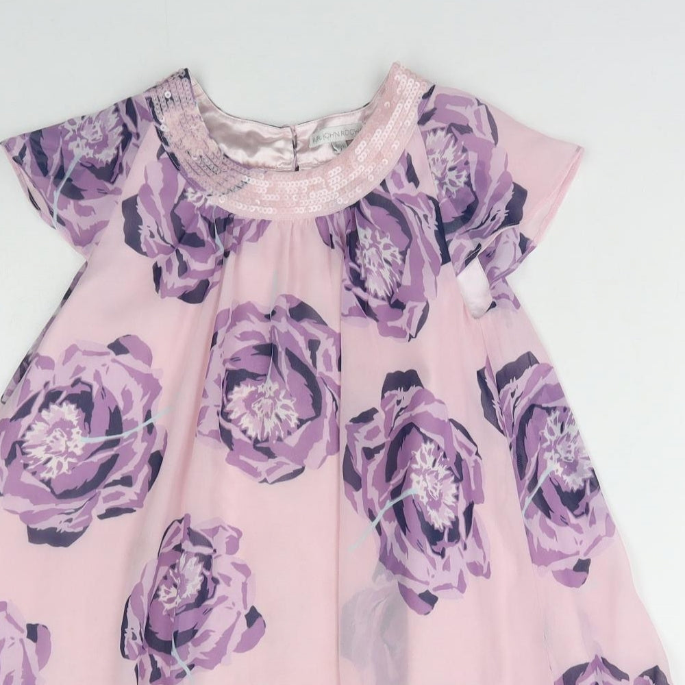 Debenhams Girls Pink Floral Polyester A-Line Size 7 Years Round Neck Button