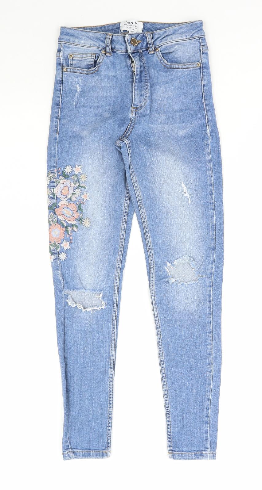 Miss Selfridge Womens Blue Floral Cotton Skinny Jeans Size 6 L32 in Regular Zip