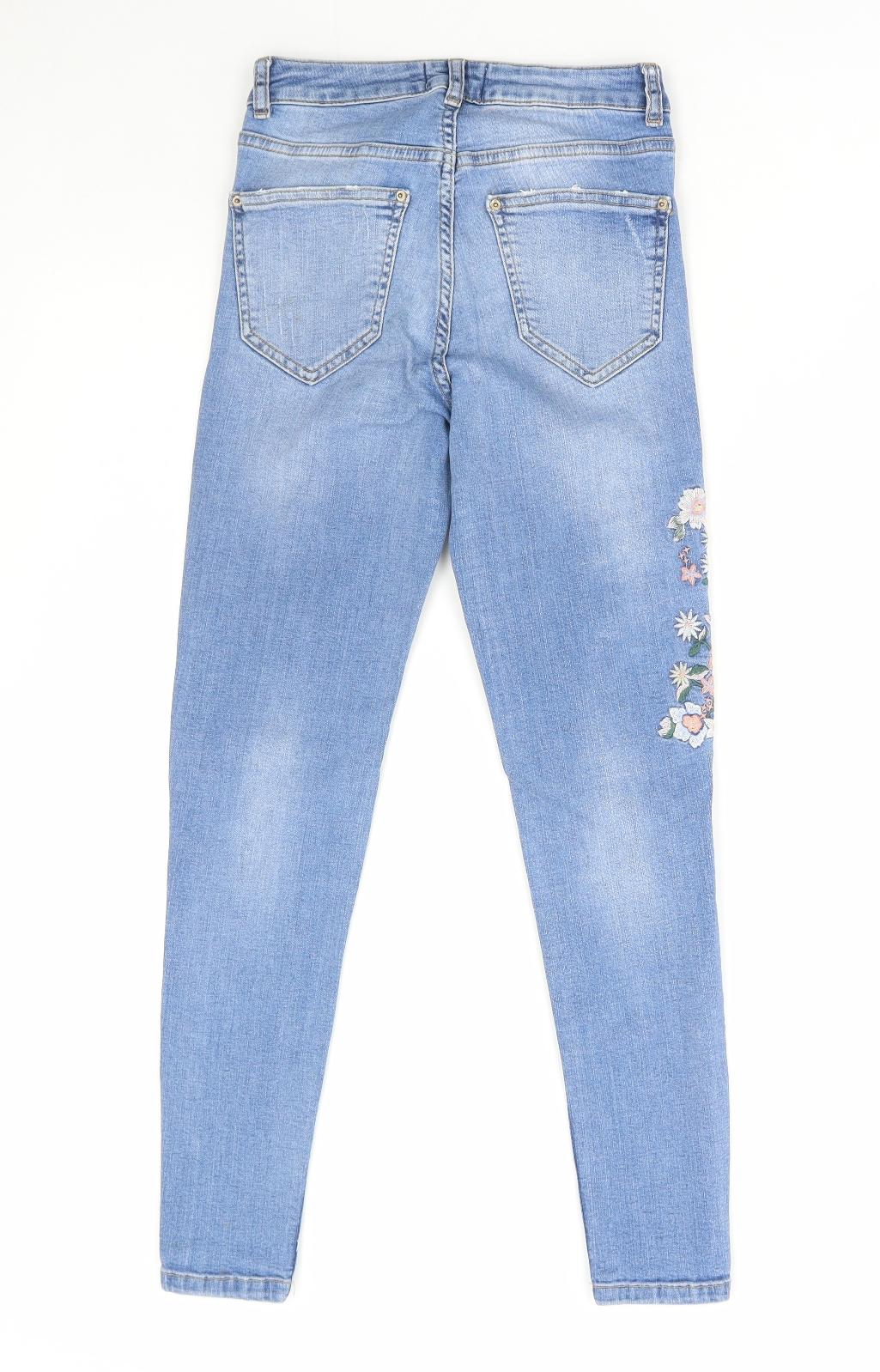 Miss Selfridge Womens Blue Floral Cotton Skinny Jeans Size 6 L32 in Regular Zip