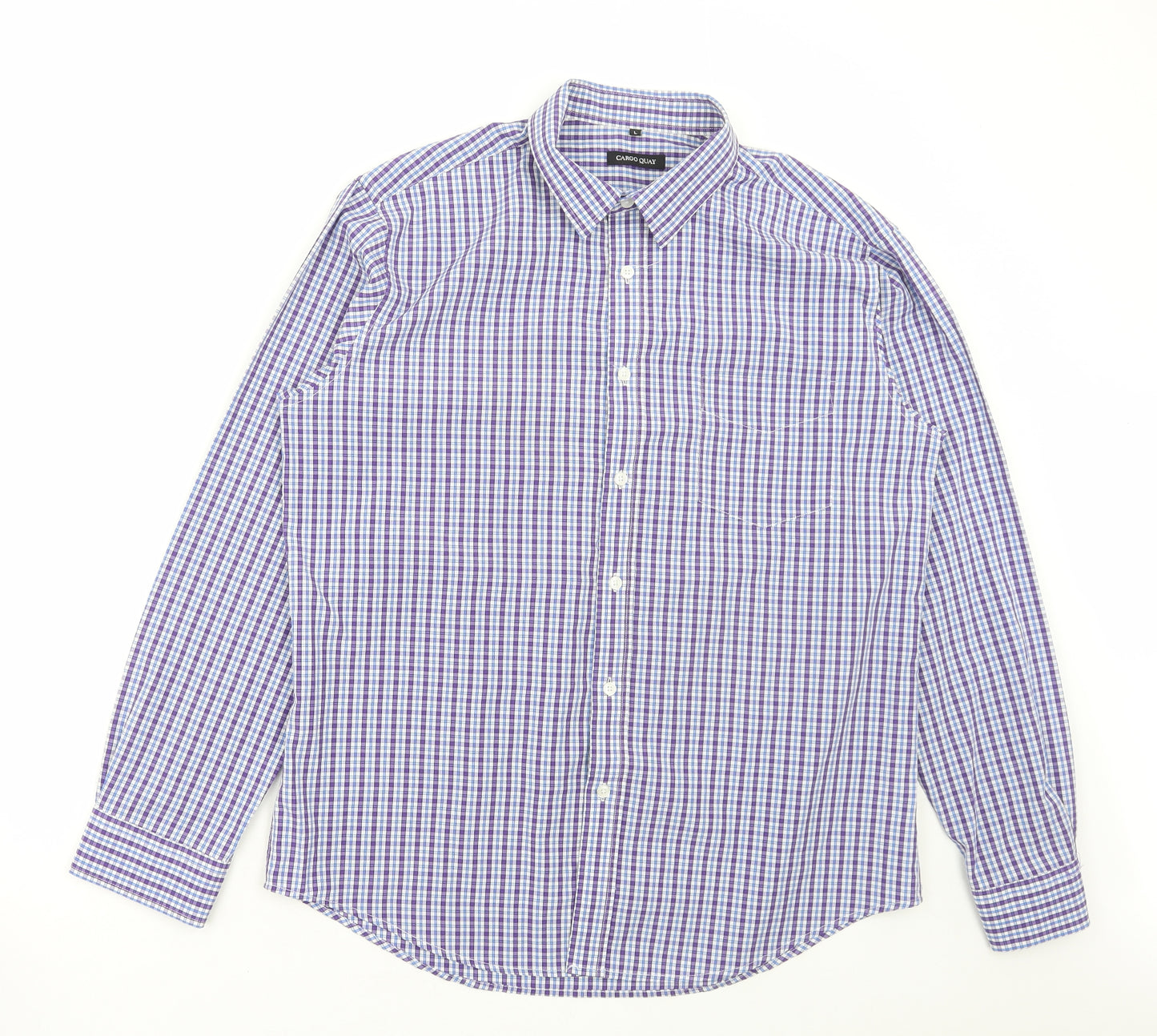 Cargo Quay Mens Blue Check Polyester Dress Shirt Size L Collared Button