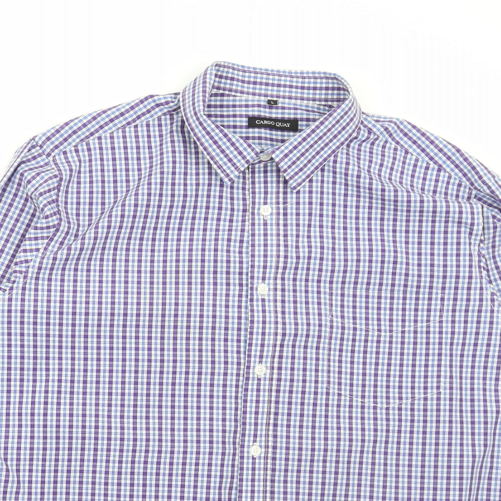 Cargo Quay Mens Blue Check Polyester Dress Shirt Size L Collared Button