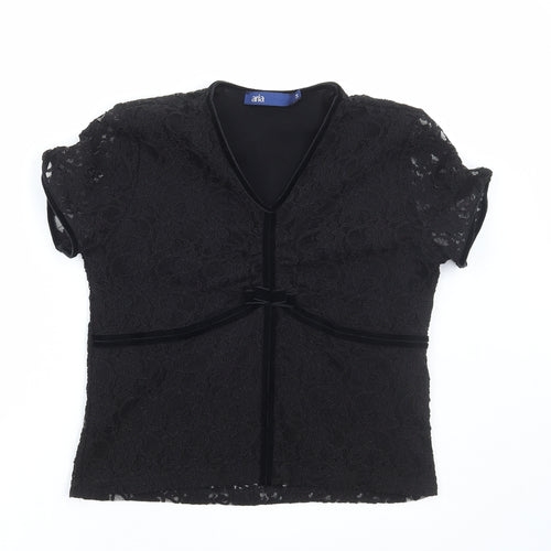 Aria Womens Black Floral Polyester Basic Blouse Size 14 V-Neck