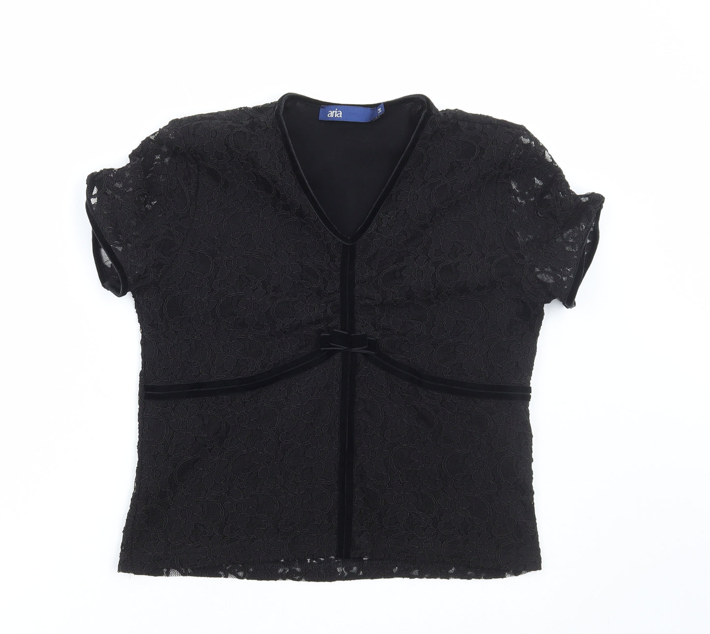 Aria Womens Black Floral Polyester Basic Blouse Size 14 V-Neck