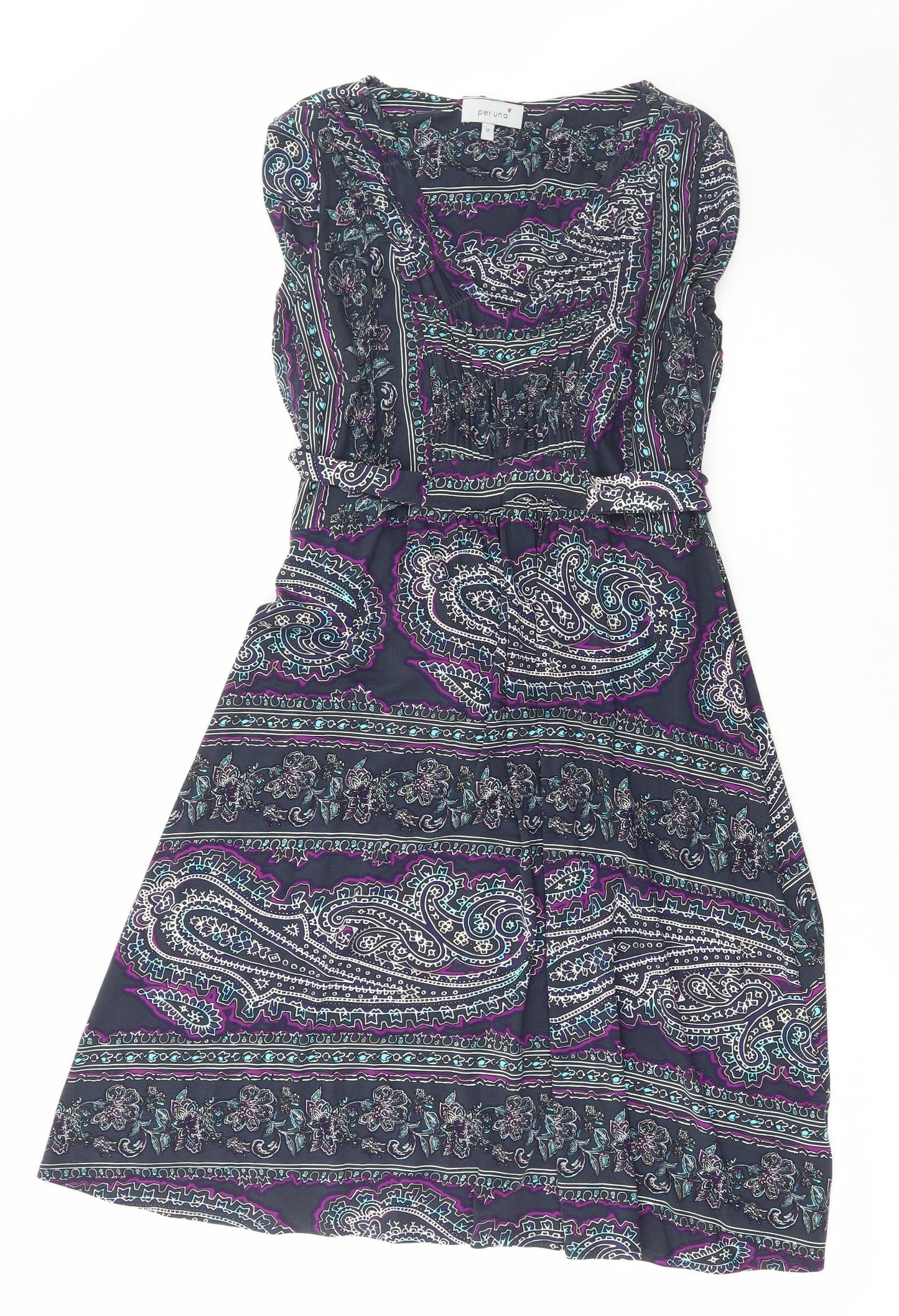 Per Una Womens Blue Paisley Viscose Skater Dress Size 12 V-Neck Pullover