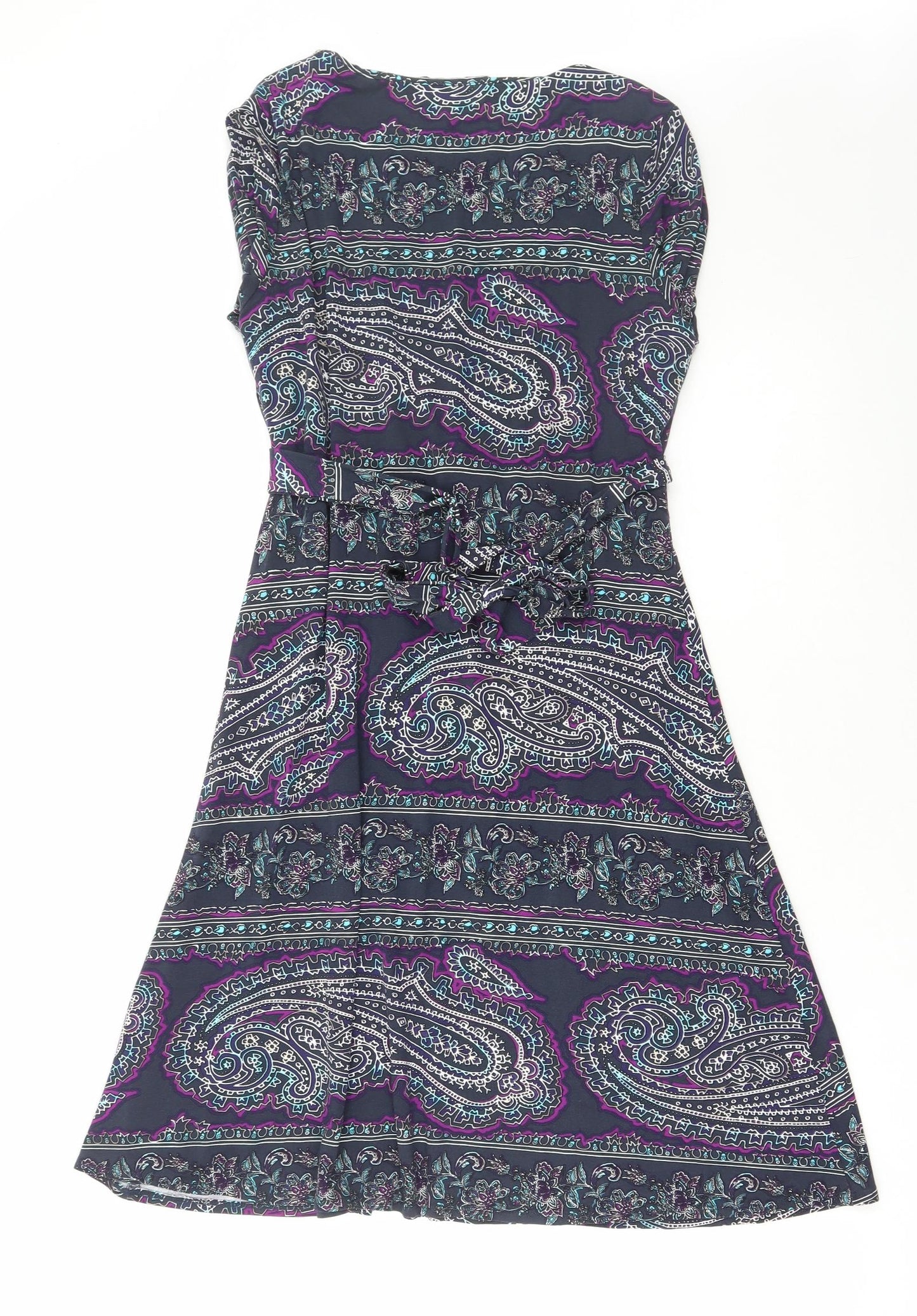 Per Una Womens Blue Paisley Viscose Skater Dress Size 12 V-Neck Pullover