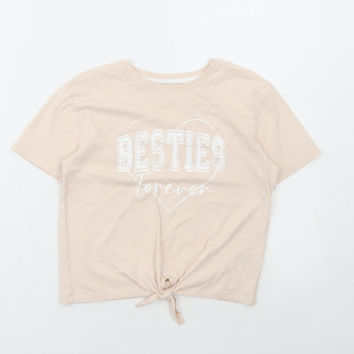Peacocks Girls Beige Cotton Cropped T-Shirt Size 9-10 Years Round Neck Pullover - Besties