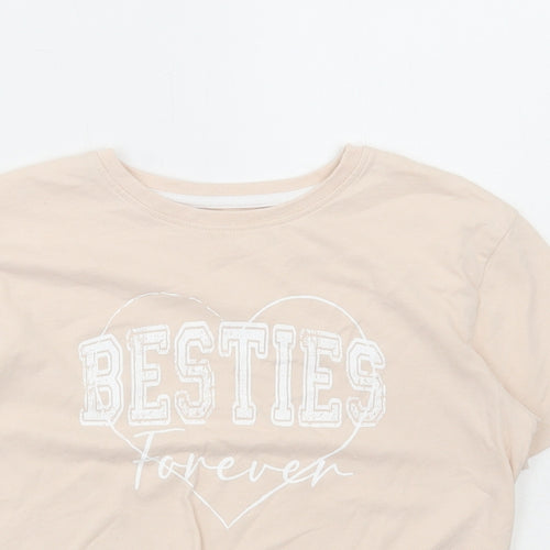 Peacocks Girls Beige Cotton Cropped T-Shirt Size 9-10 Years Round Neck Pullover - Besties