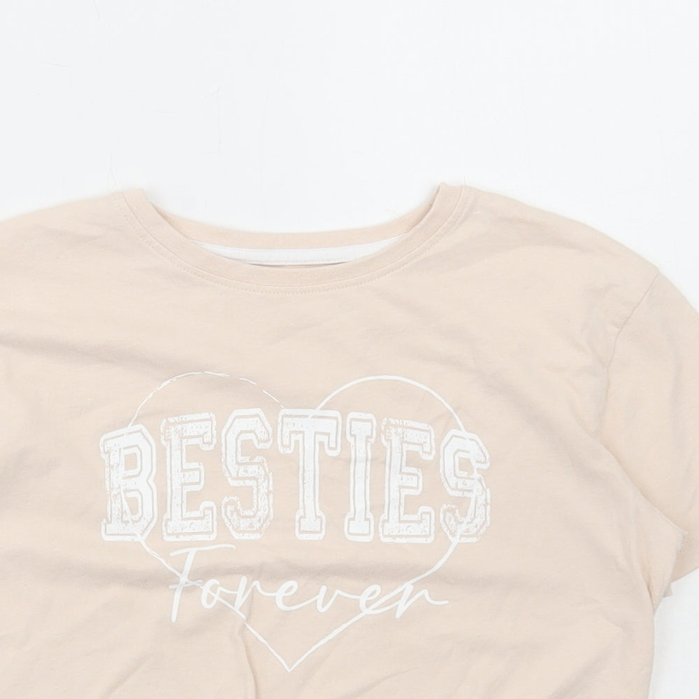 Peacocks Girls Beige Cotton Cropped T-Shirt Size 9-10 Years Round Neck Pullover - Besties