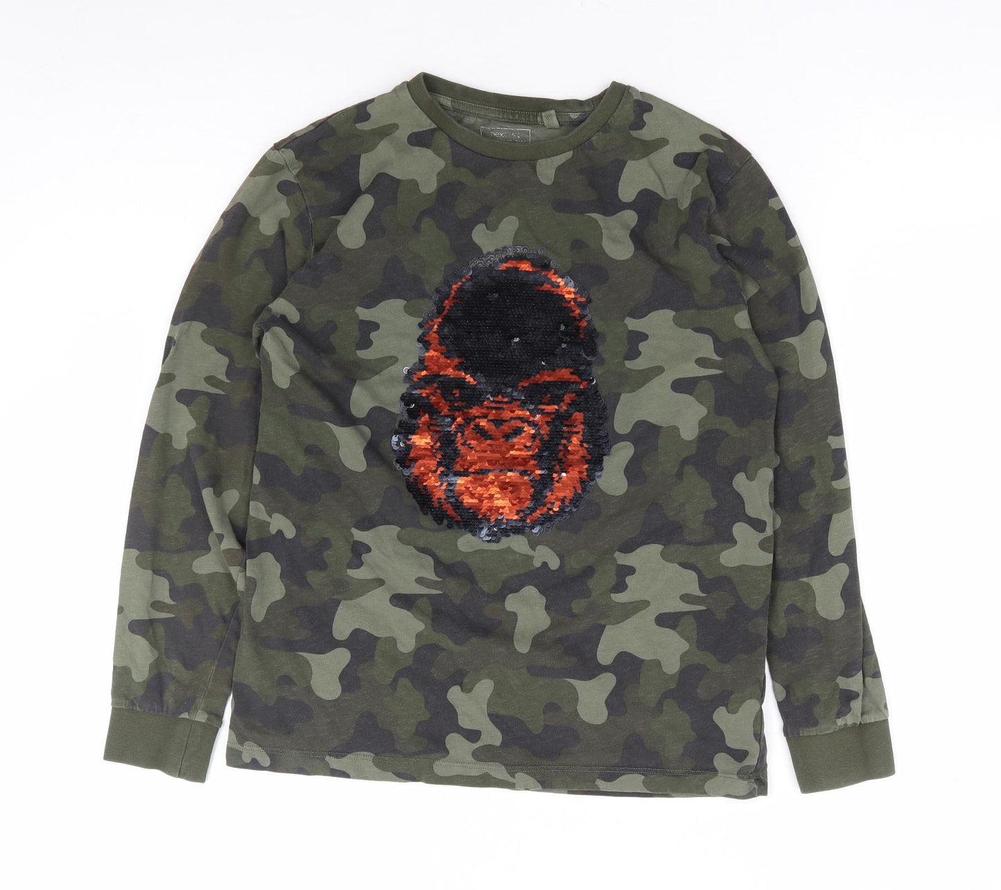 NEXT Boys Green Camouflage 100% Cotton Jersey T-Shirt Size 11 Years Round Neck Pullover - Monkey