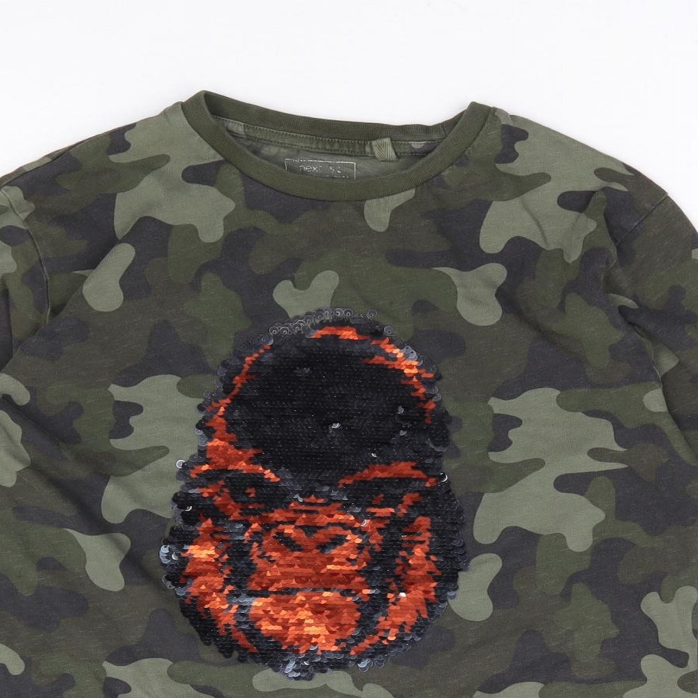 NEXT Boys Green Camouflage 100% Cotton Jersey T-Shirt Size 11 Years Round Neck Pullover - Monkey