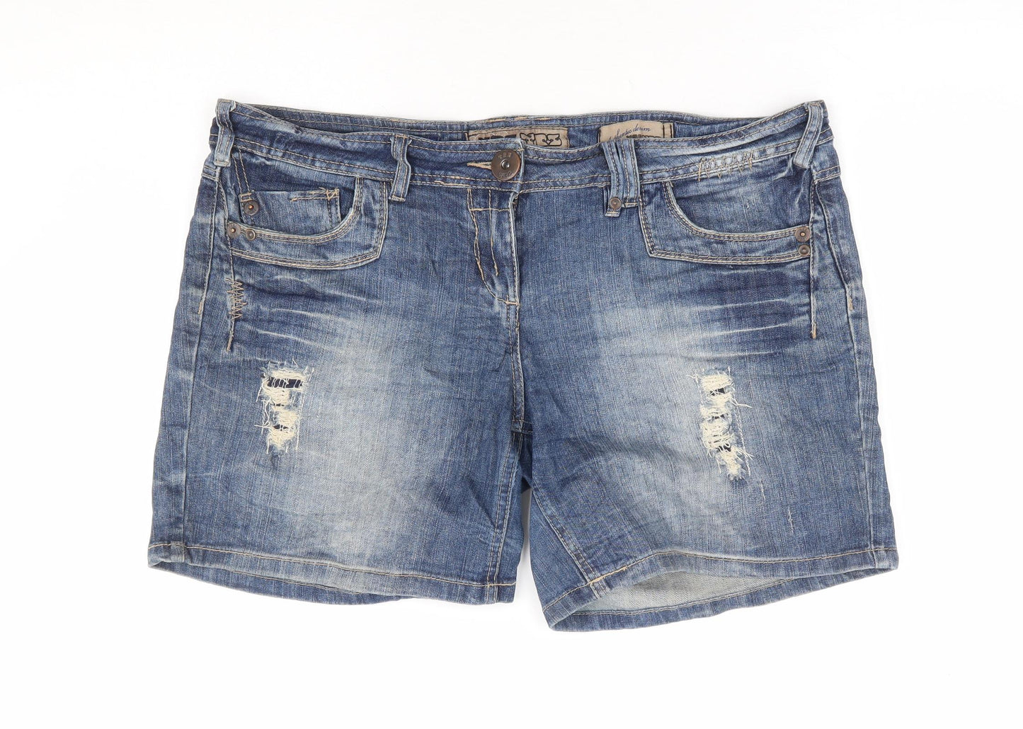 New Look Womens Blue Cotton Mom Shorts Size 16 L8 in Regular Zip - Distressed