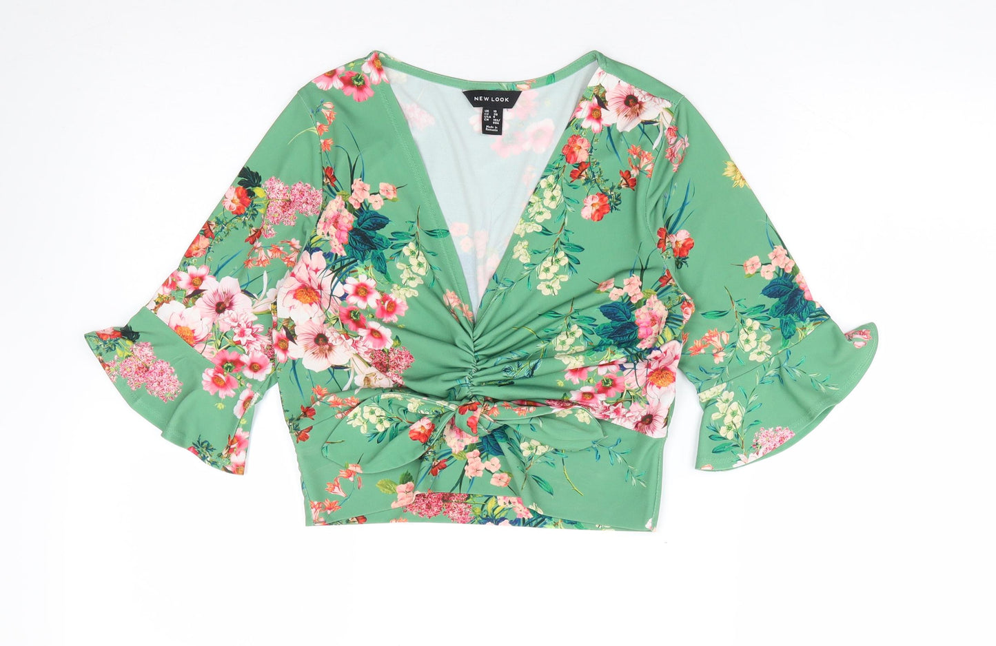 New Look Womens Green Floral Polyester Cropped Blouse Size 10 V-Neck
