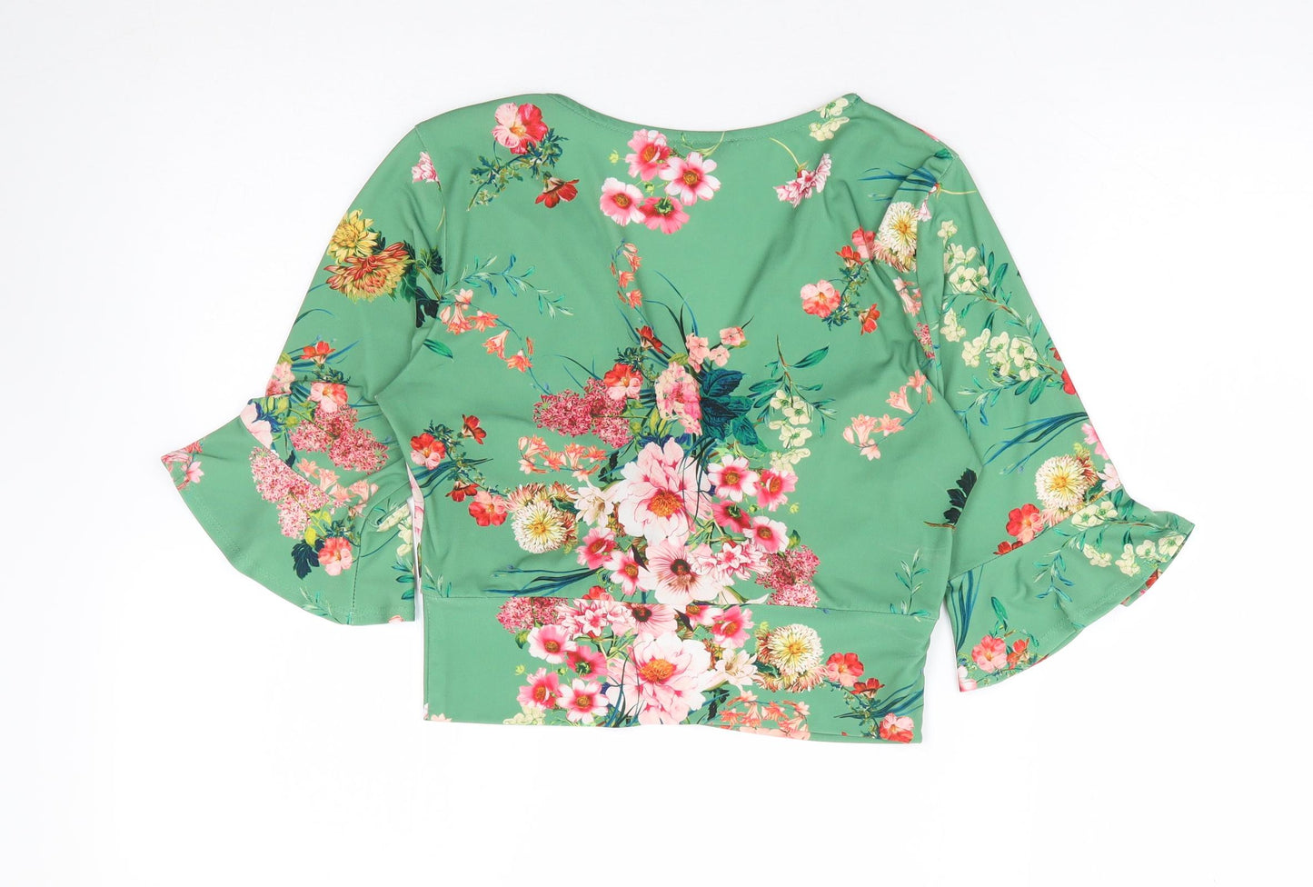New Look Womens Green Floral Polyester Cropped Blouse Size 10 V-Neck