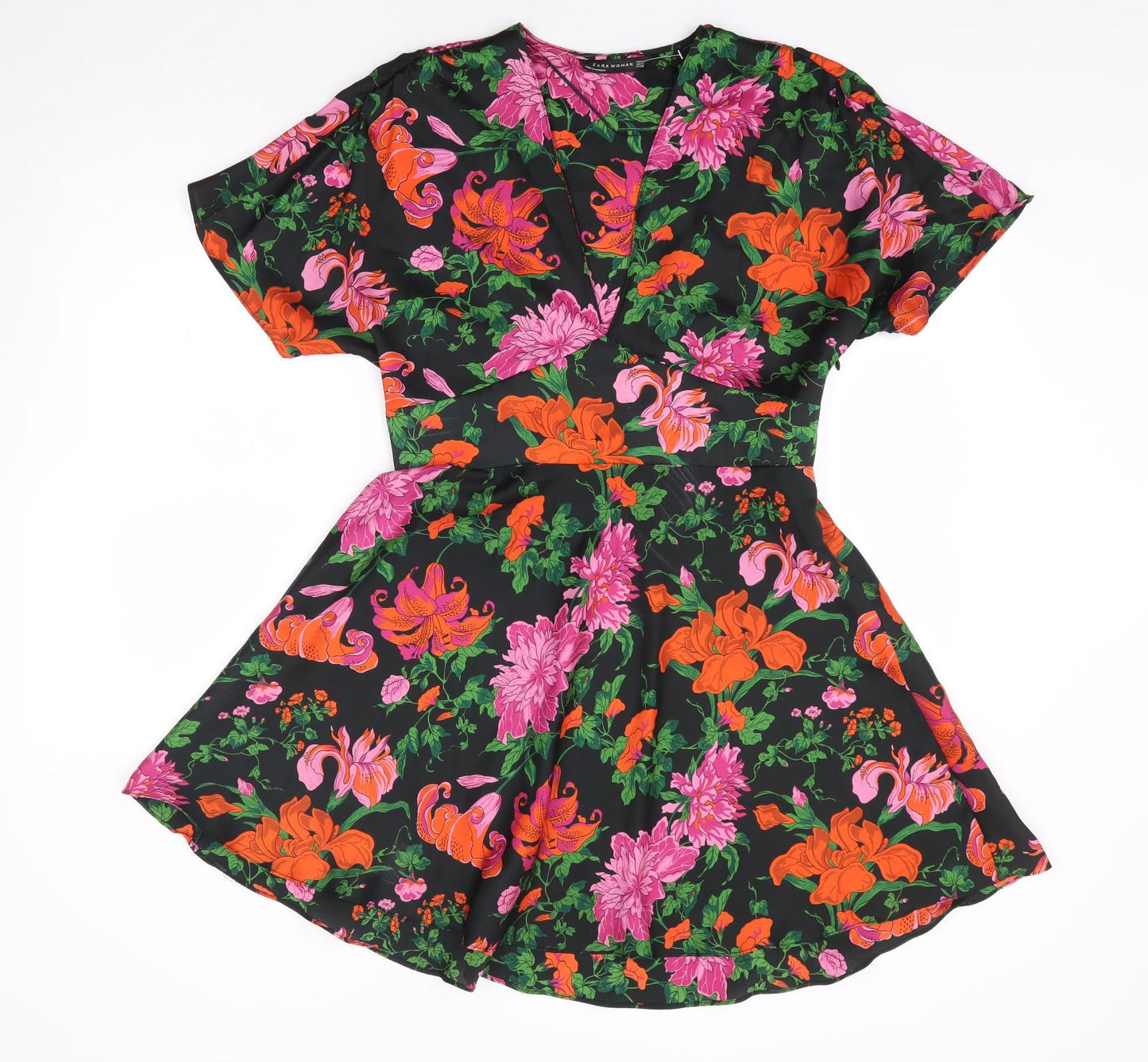 Zara Womens Multicoloured Floral Polyester Fit & Flare Size M V-Neck Zip