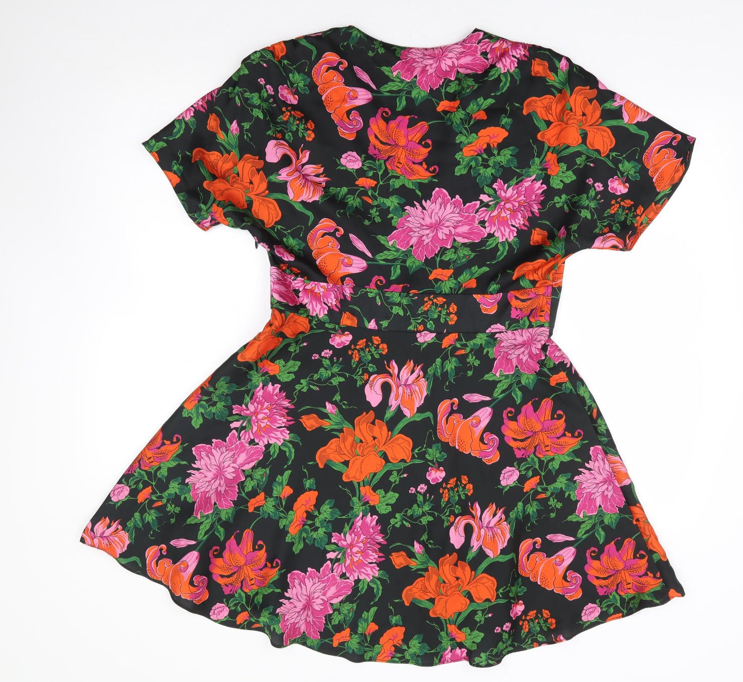 Zara Womens Multicoloured Floral Polyester Fit & Flare Size M V-Neck Zip