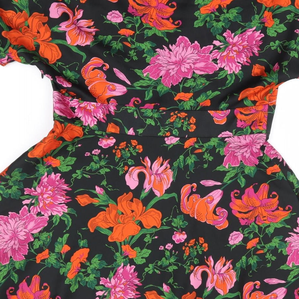 Zara Womens Multicoloured Floral Polyester Fit & Flare Size M V-Neck Zip