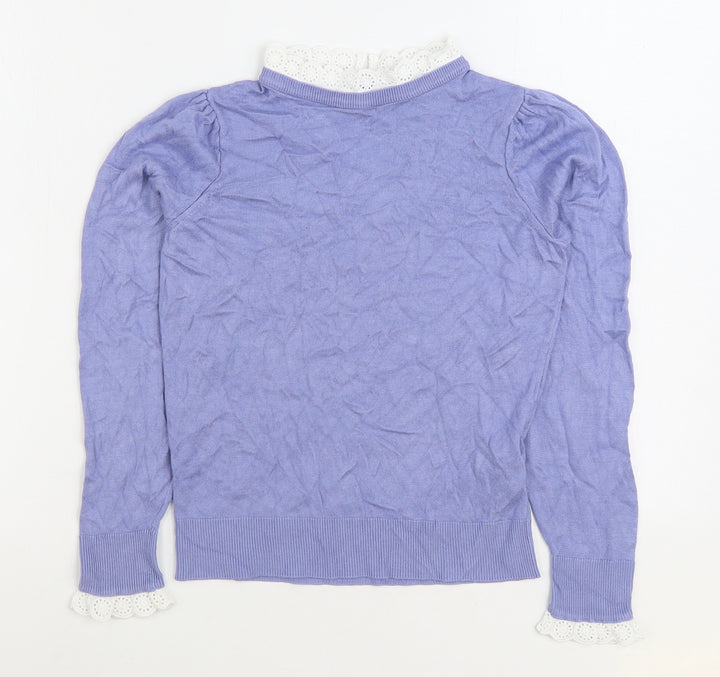 F&F Womens Blue Round Neck Viscose Pullover Jumper Size 6 - Lace Trim