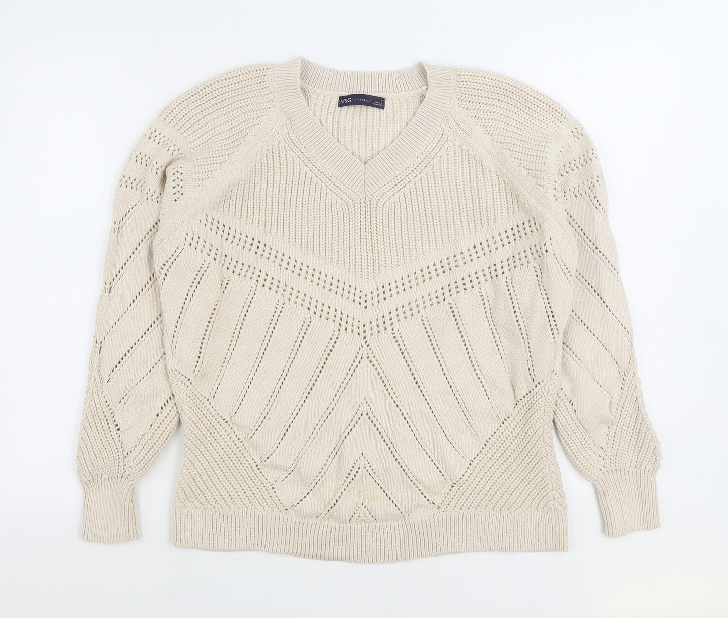 Marks and Spencer Womens Beige V-Neck Cotton Pullover Jumper Size M