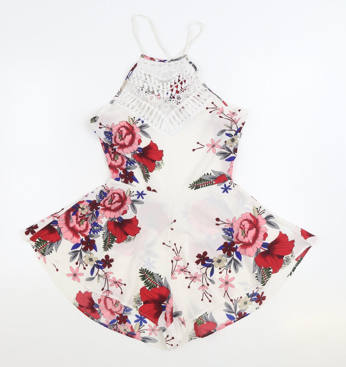 Preworn Womens Multicoloured Floral Polyester Playsuit One-Piece Size M Tie