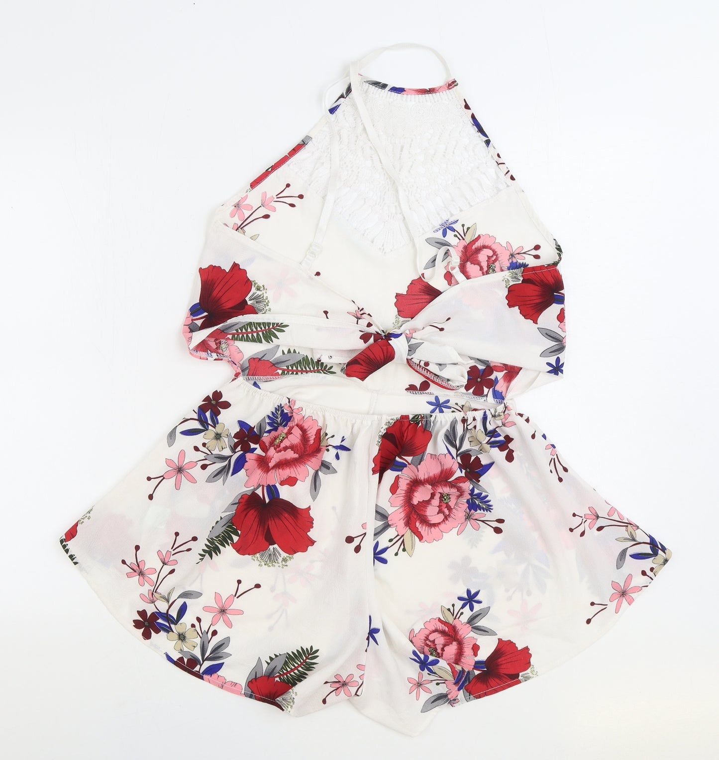 Preworn Womens Multicoloured Floral Polyester Playsuit One-Piece Size M Tie