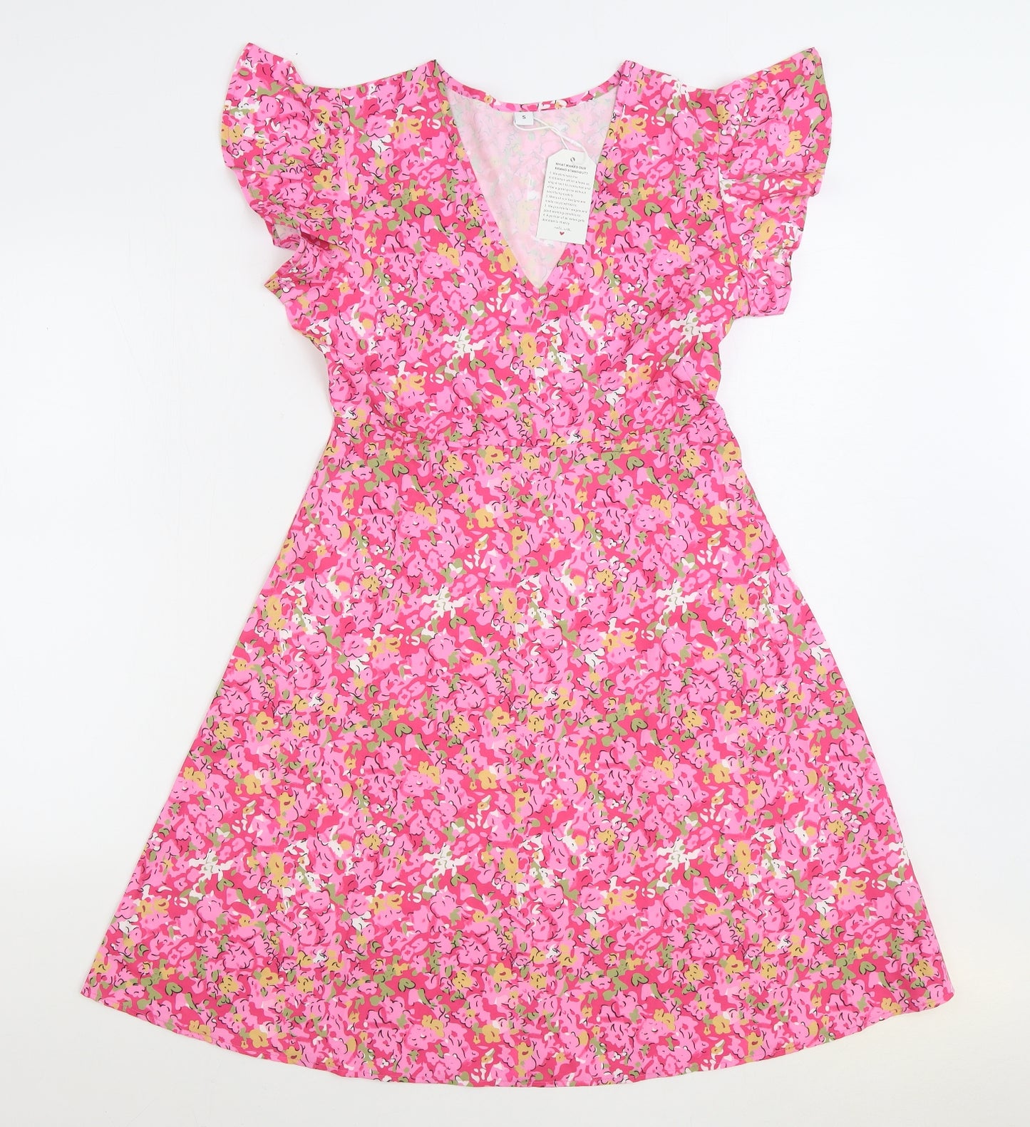 Preworn Womens Pink Floral Polyester Skater Dress Size S V-Neck Pullover