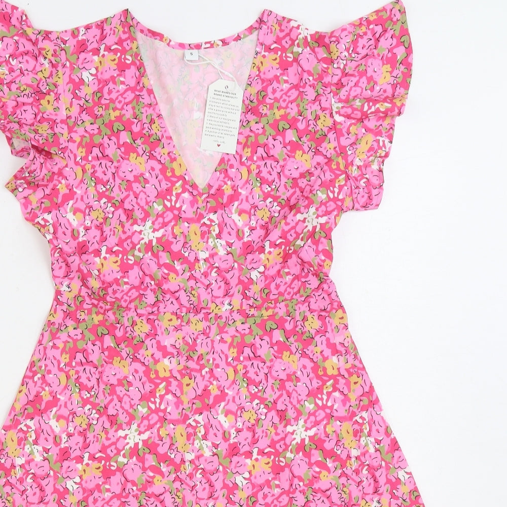 Preworn Womens Pink Floral Polyester Skater Dress Size S V-Neck Pullover