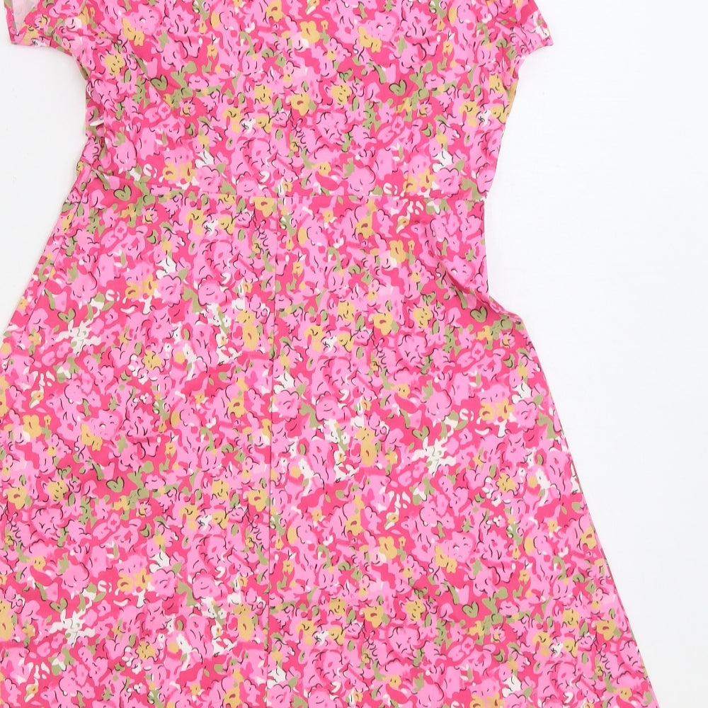 Preworn Womens Pink Floral Polyester Skater Dress Size S V-Neck Pullover